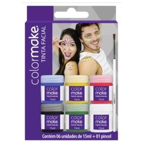Kit Tinta Facial c/ 6 cores + Pincel 15ml  - Maquiagem Artística - Secagem Rápida e Total - Color Make - Colormake