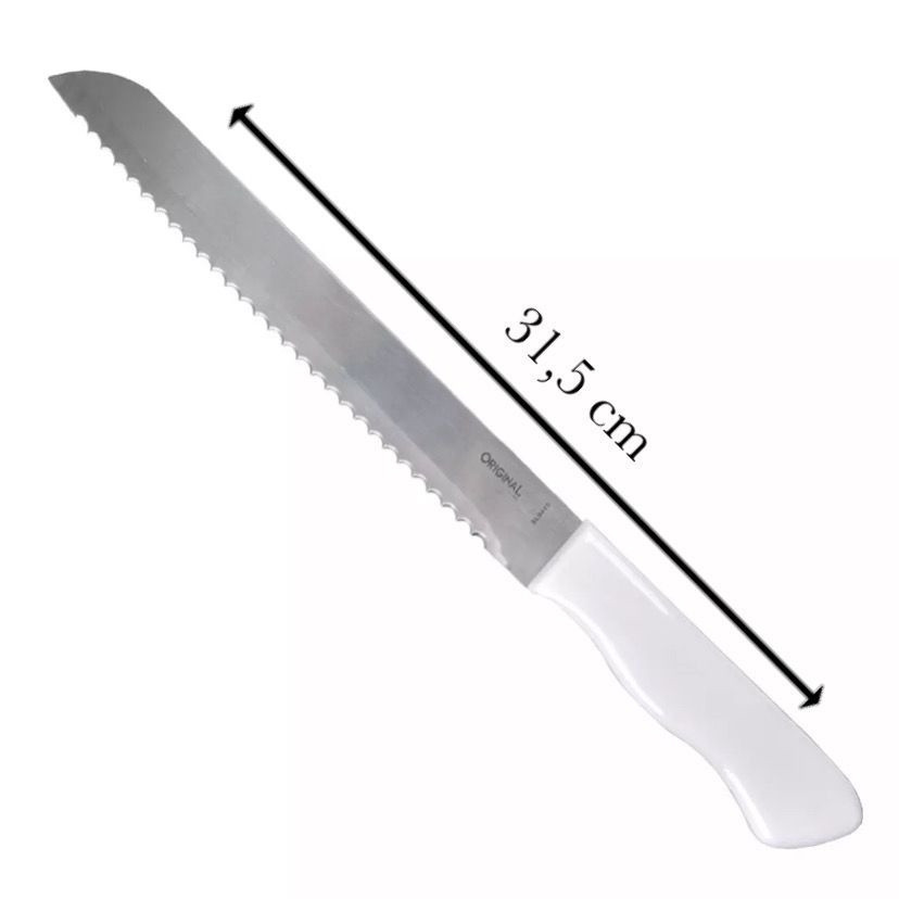 Faca de Pão Bolo Torta Lâmina Aço Inox 8 Polgadas 32,5cm Original Line Cabo Plástico Branco Cozinha Serra Serrilha