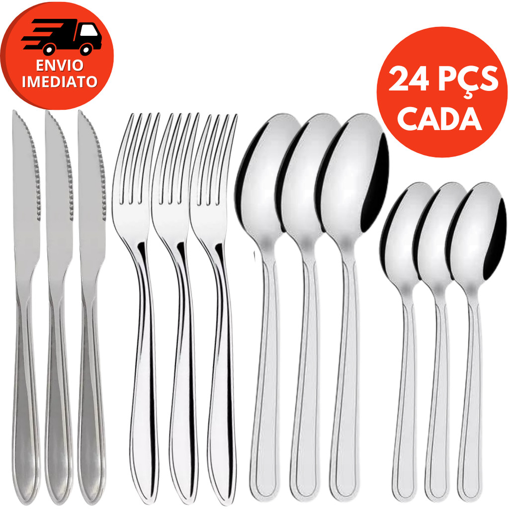 Kit Talher Inox Jogo Garfo Faca Colher Refeição E Colher Sobremesa Jantar Faqueiro Restaurante Bar
