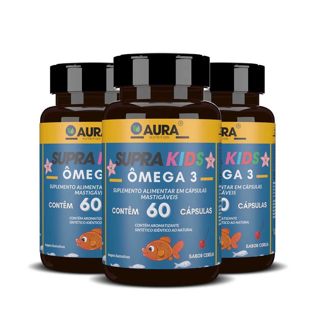 Ômega 3 Supra Kids Cápsulas Peixe Mastigáveis  3 x 60 Cápsulas -  Aura Nutrition