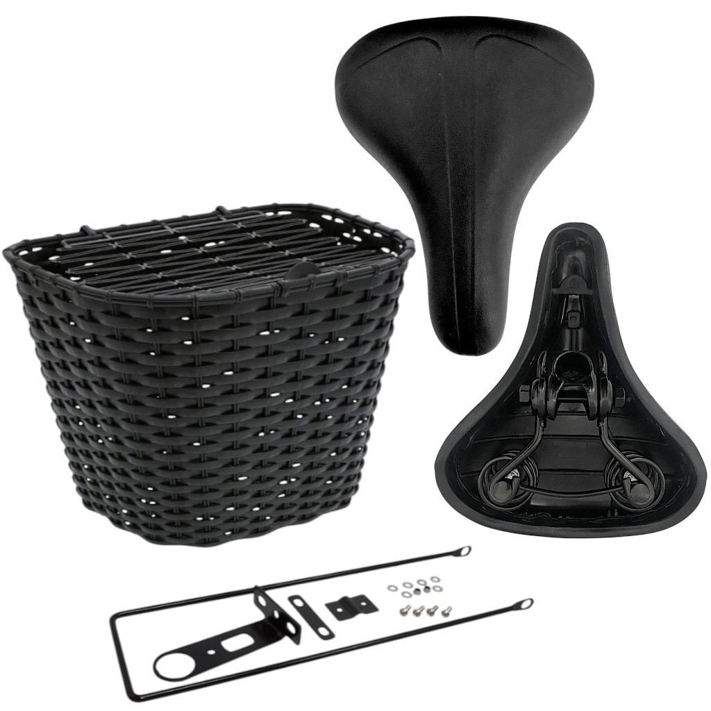 selim banco beach largo 2 molas + cesta dianteira grande com tampa para bicicleta bike aro 24 e 26 em Oferta na Shopee