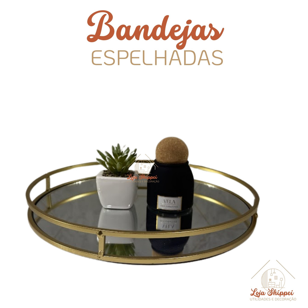 Bandeja Espelhada Luxo Decorativa Dourada Banheiro Cozinha Sala de Estar Decoração