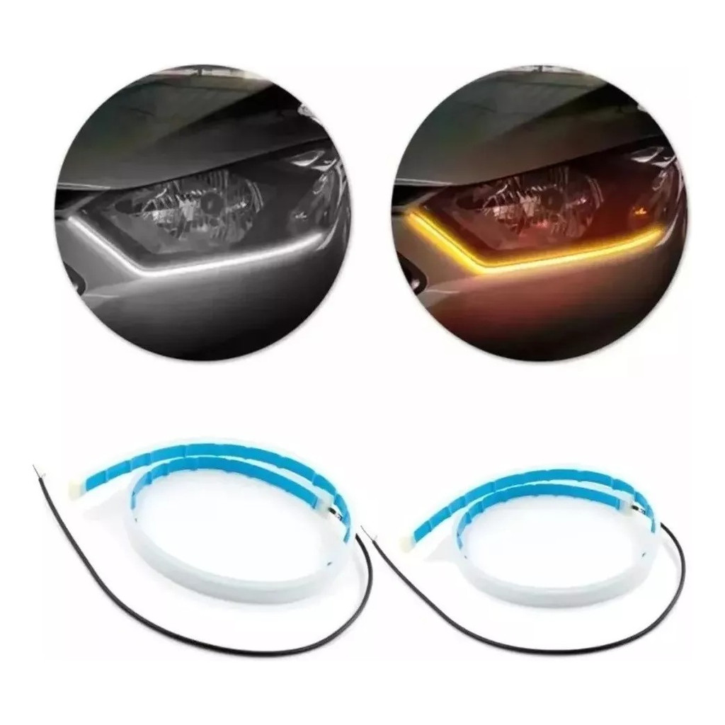 Par 2x Fitas LED DRL 12V 60cm p/ Farol e Seta Sequencial – Luz Diurna Branca + Pisca Amarelo Universal Automotivo