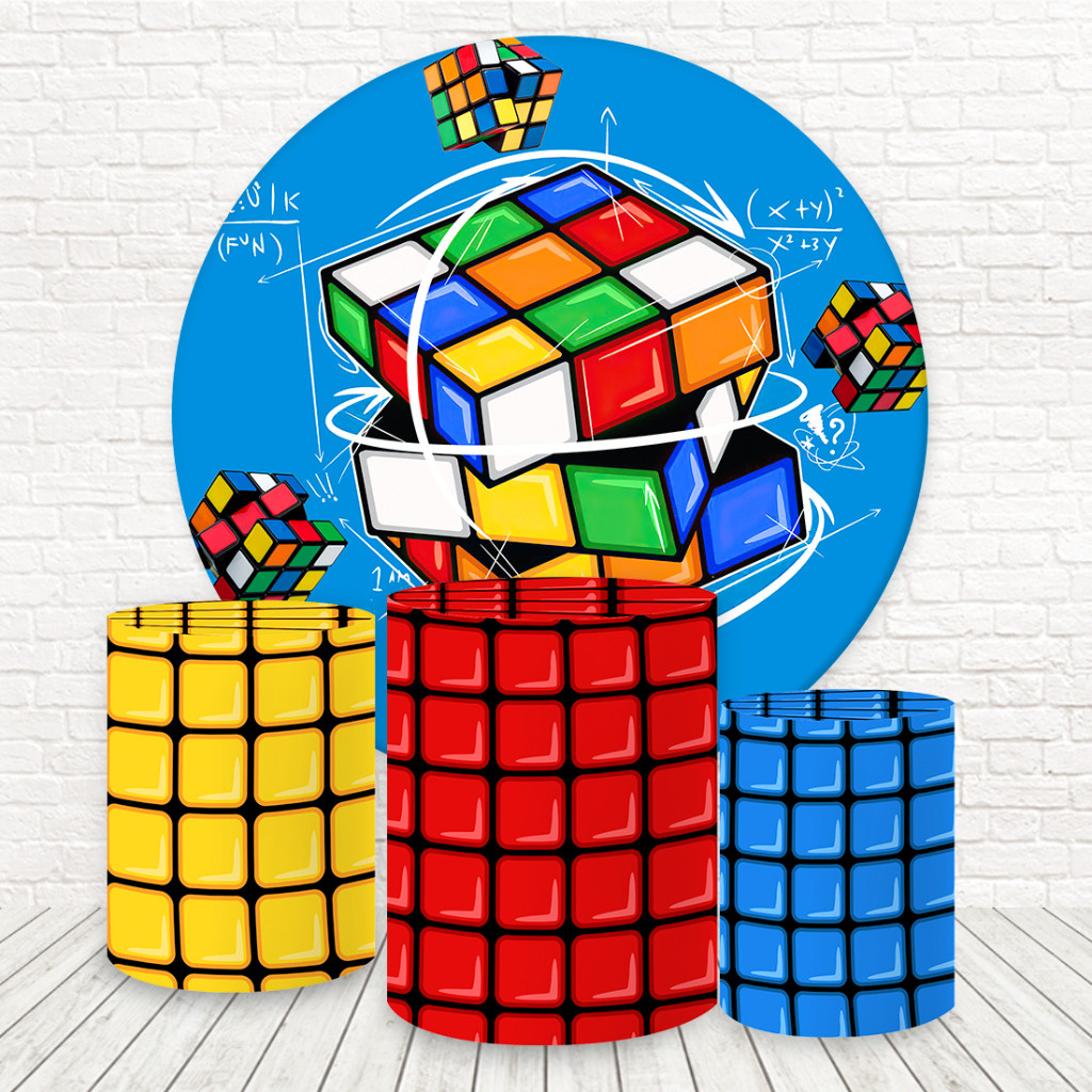 Kit Painel Redondo e Capas de Cilindro Festa Decoração Tecido Sublimado 3D Cubo Mágico