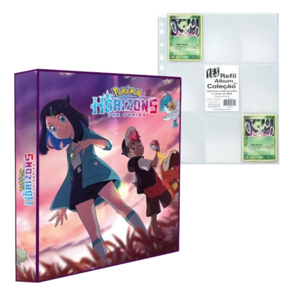 Álbum Pasta Fichário Pokemon Horizontes A Série com 10 Folhas Cartas TCG Capa Dura Reforçado Cards