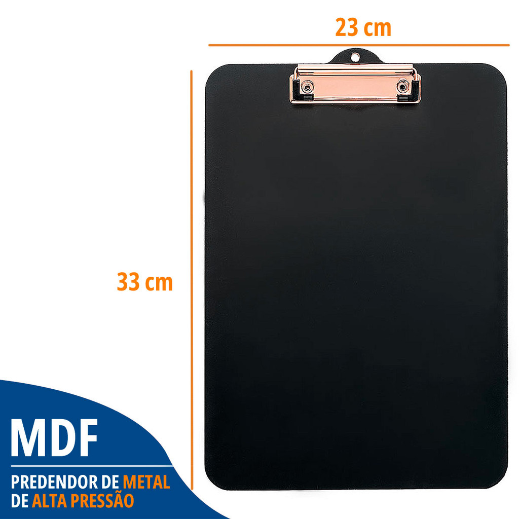 Prancheta A4 Preta Oficio Black Rose Gold Com Prendedor De Metal Stalo + 4 Cores Caneta Giz Líquido