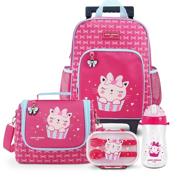 Kit Escolar Mochila Rodinha Infantil Lancheira Térmica Pote Garrafa Jacki Design Escolar e Passeio