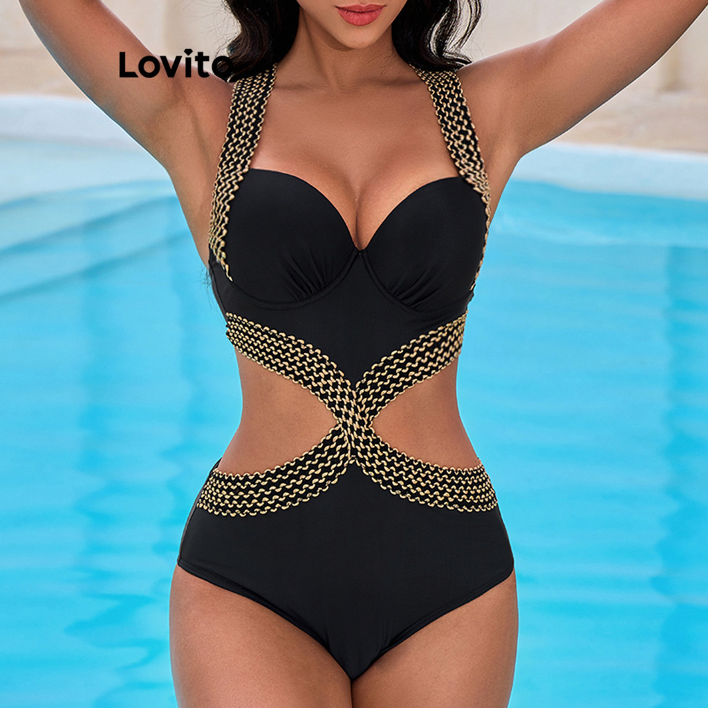 (Trendy) Lovito Maiô Boho De Uma Peça Com Trança Lisa E Peça Única Para Mulheres LBL18681 - Sports & Outdoors