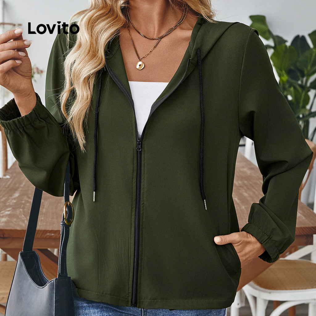 Lovito Jaqueta Casual com zíper liso e cordão para mulheres LBL23452 - Women Clothes