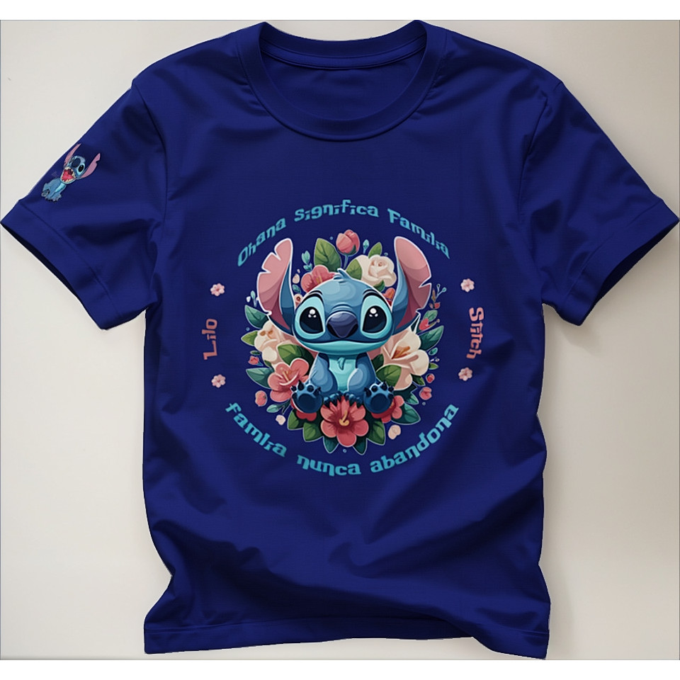 Camiseta Frases Stitch Ohana Anime Feminina Algodão Premium Estampada Básica Moda Streetwear Casual Look Exclusivo