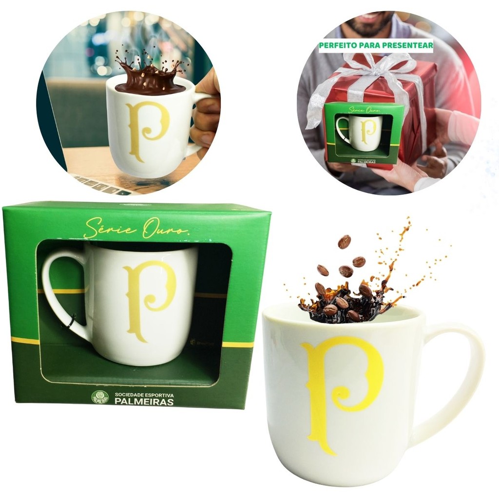 Caneca Oficial Porcelana 300ml Time Palmeiras Serie Ouro Presente Branca Palestra