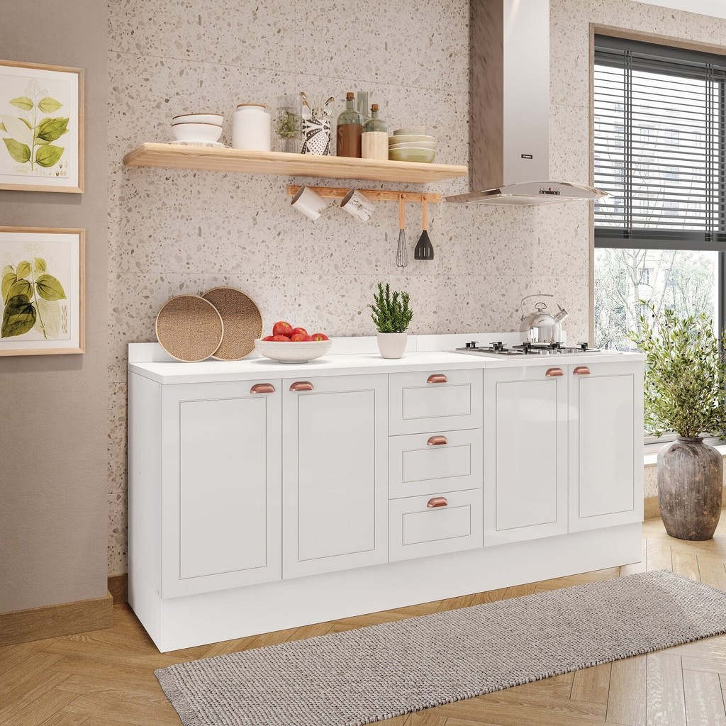 Cozinha Pérola com Rodapé e Tampo 2 Peças Balcão 2 Gavetas 3 Portas e Balcão 2 Portas Yescasa Branco - Home & Living
