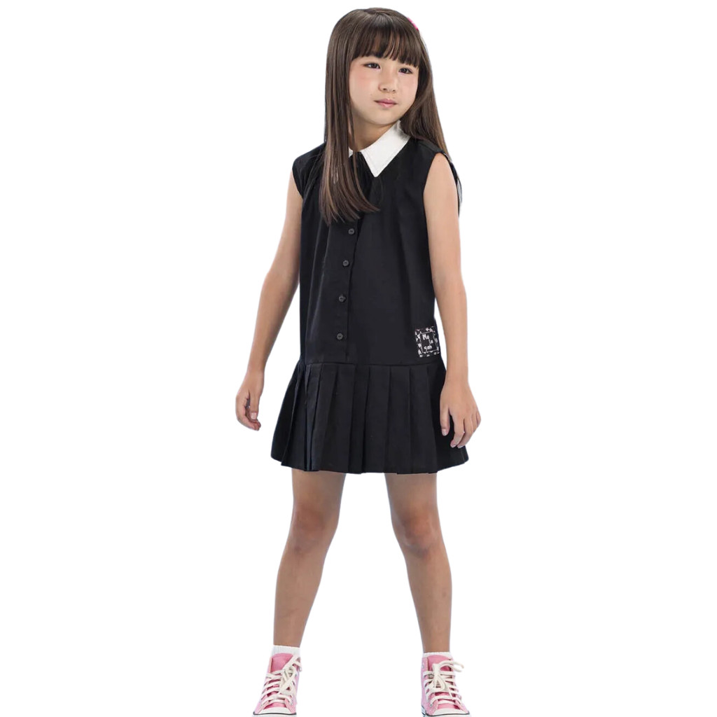 Vestido Em Tricoline Preto E Branco Com Pregas