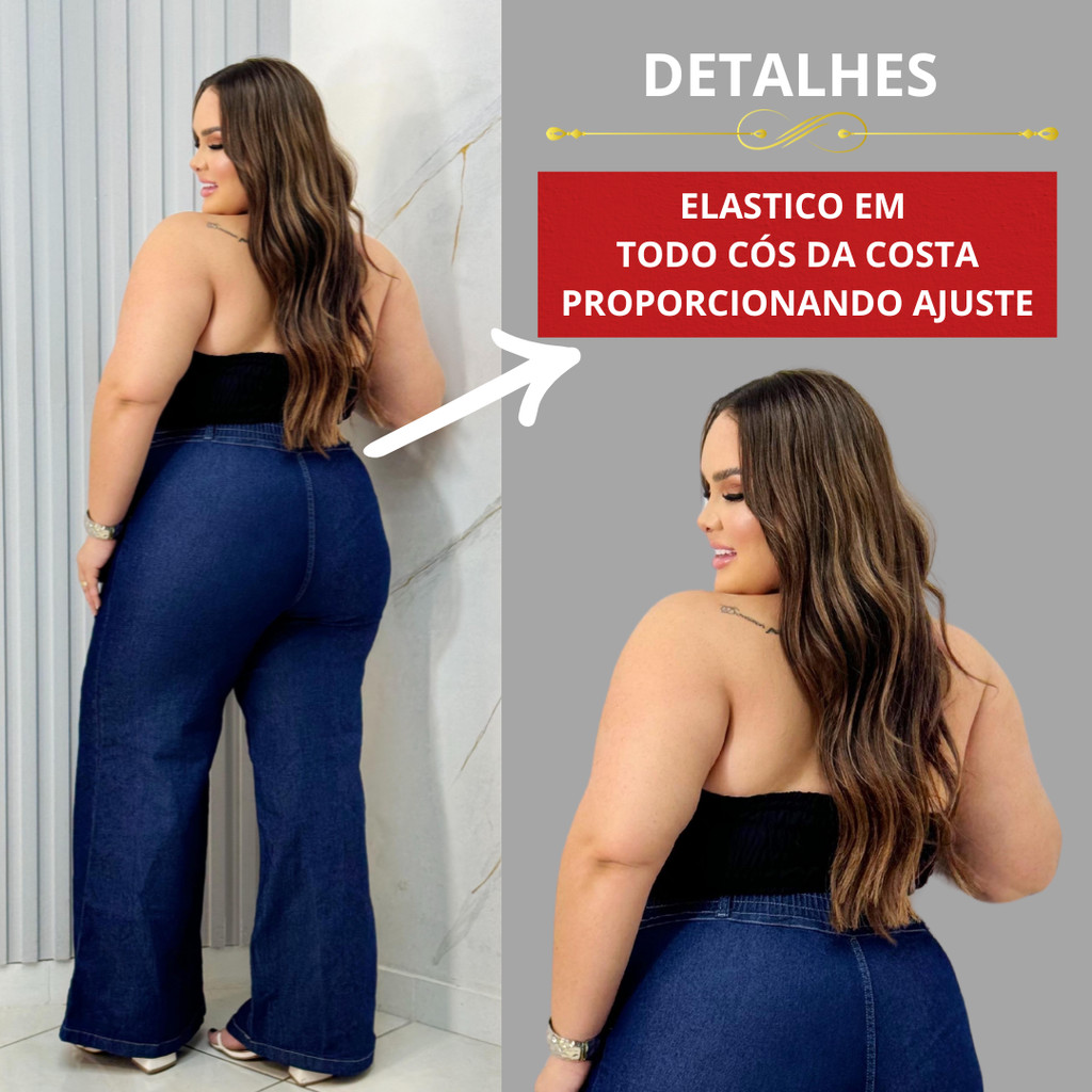 Calça Jeans Pantalona Linha Plus Size Feminina com lycra Cintura Alta — imagem 2 de 2