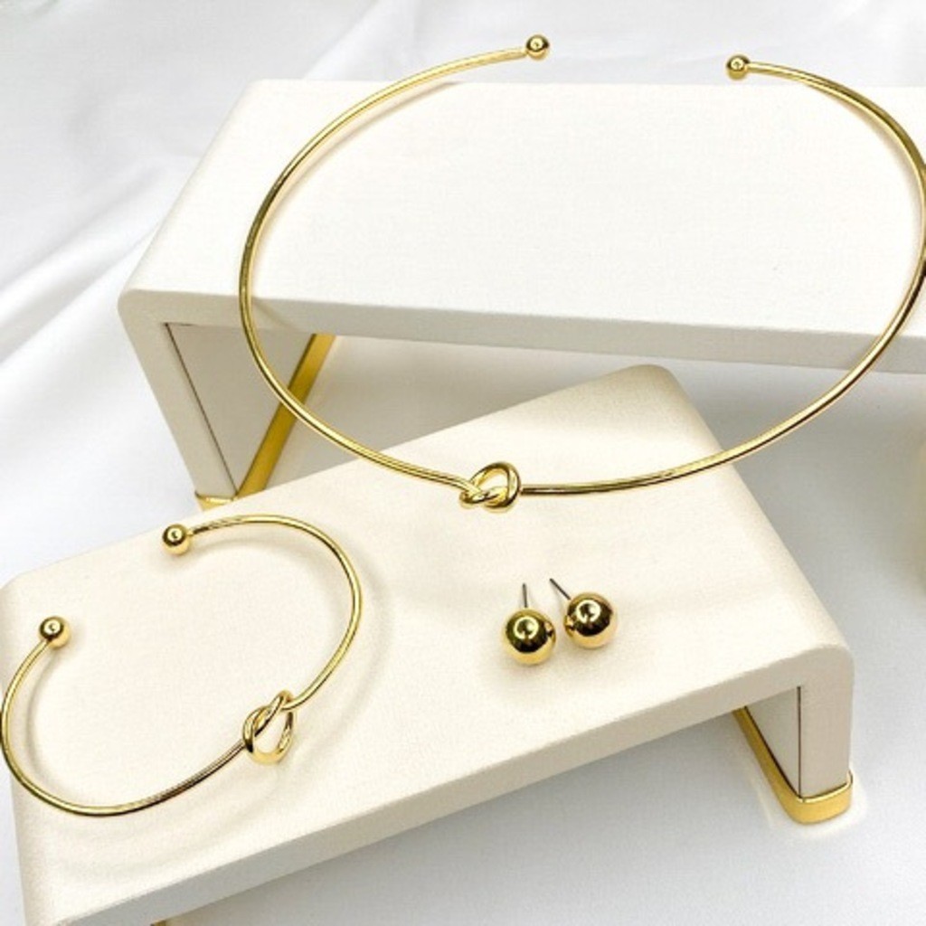Kit Choker Pulseira e Brinco Aro Nó Folheado a Ouro 18k e Prata 925 em Oferta na Shopee