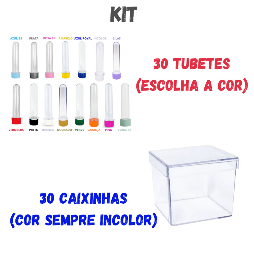30 Tubetes 30 Caixinhas Acrílico Chá Revelação Lembrancinha