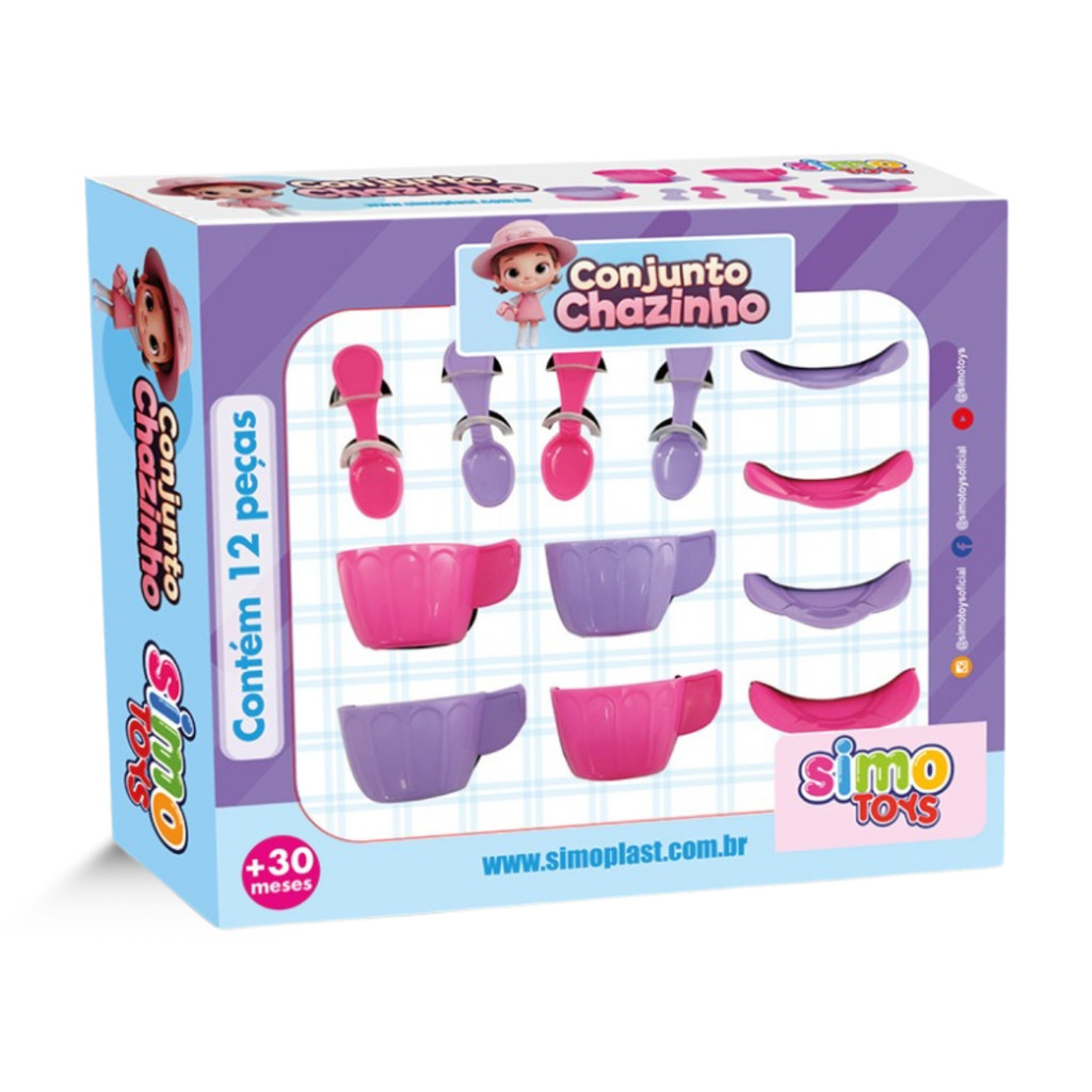 Conjunto Chazinho 12 Peças Simotoys, Jogo Infantil Com Xícaras, Pires E Colheres, Colorido, Estimula A Imaginação E O Fa