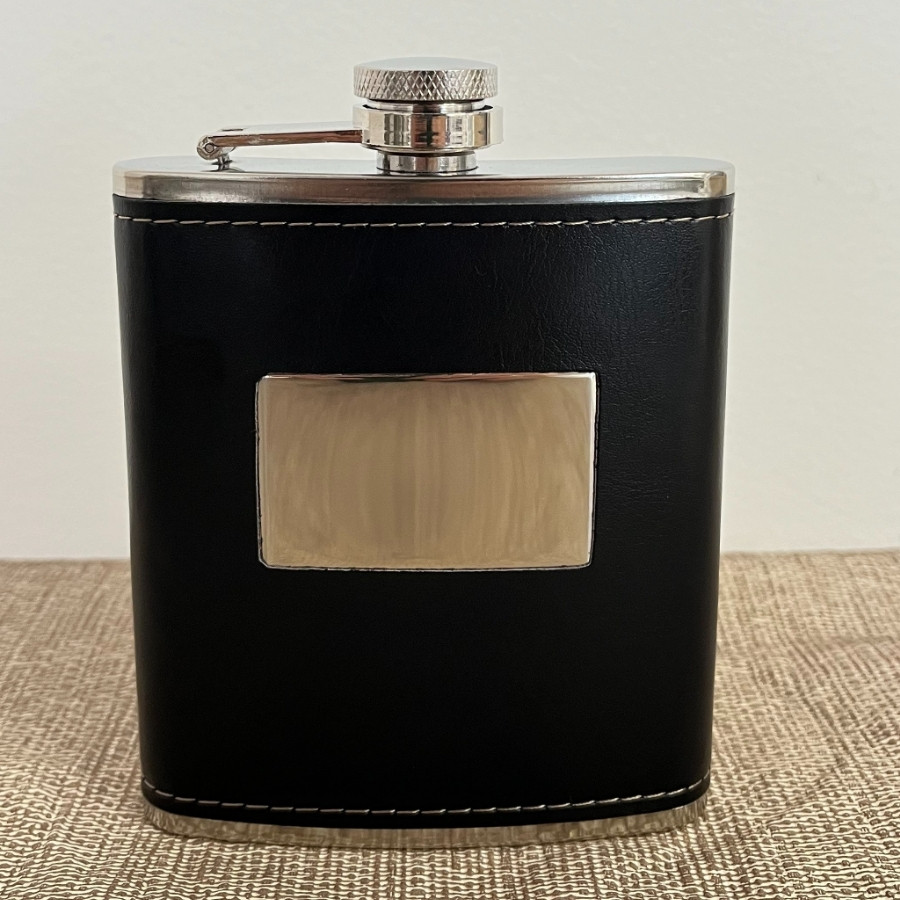 Cantil Inox com Couro Preto de Bolso para Whisky - Modelo 1 - 175ml - 1 unidade - Rizzo