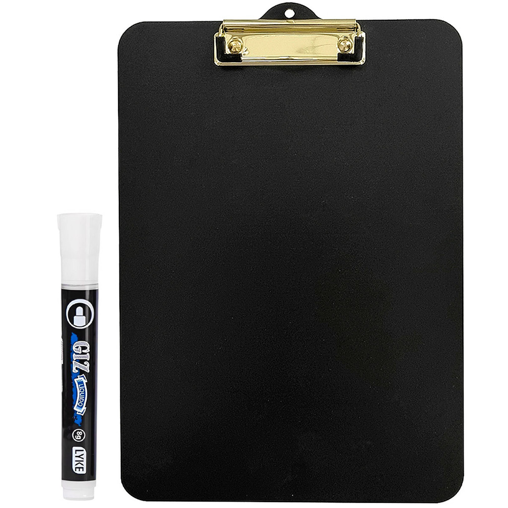 Prancheta A4 Preta Oficio Black Gold Com Prendedor De Metal Stalo + Caneta Giz Líquido Branco