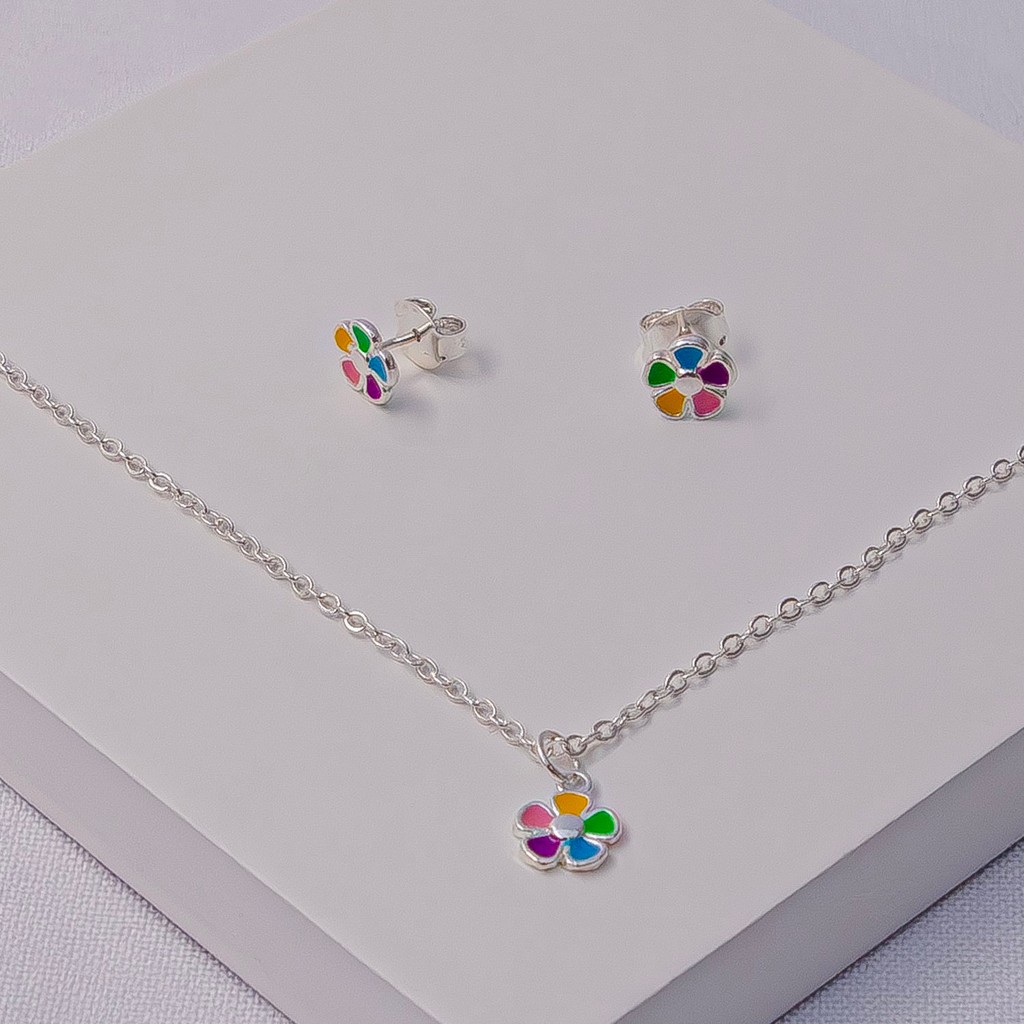 Conjunto Folheado a Prata Infantil Colar e Brinco Flor Resinada