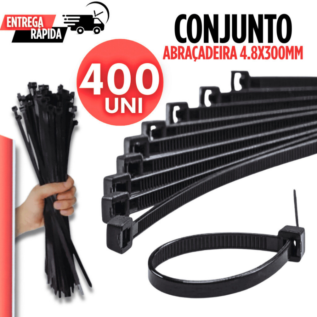 KIT 400 Abraçadeiras Pretas Enforca Gato 300mm x 4,8mm Variáveis Utilidades Multifuncional