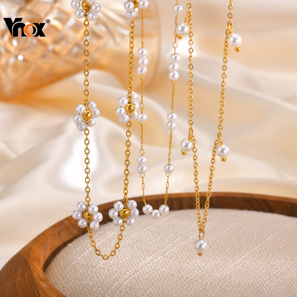 Colar De Pérolas Minúsculo Vnox Para Mulheres , Corrente De Elos De Casamento De Aço Inoxidável Elegante Dourado , Conta