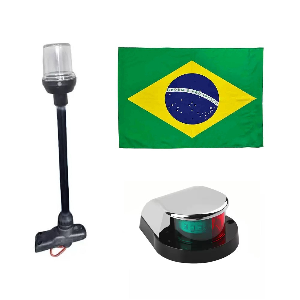 Kit Bombordo e Boreste Bicolor Led em ABS Cromado + Mastro Estrobo Alcançado Fundeio Preto + Bandeira do Brasil - Barco