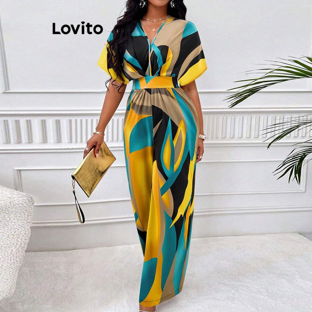 Lovito Macacão Boho Geométrico Smocked Macacão De Manga Curta Para Mulheres LBL15452 - Women Clothes