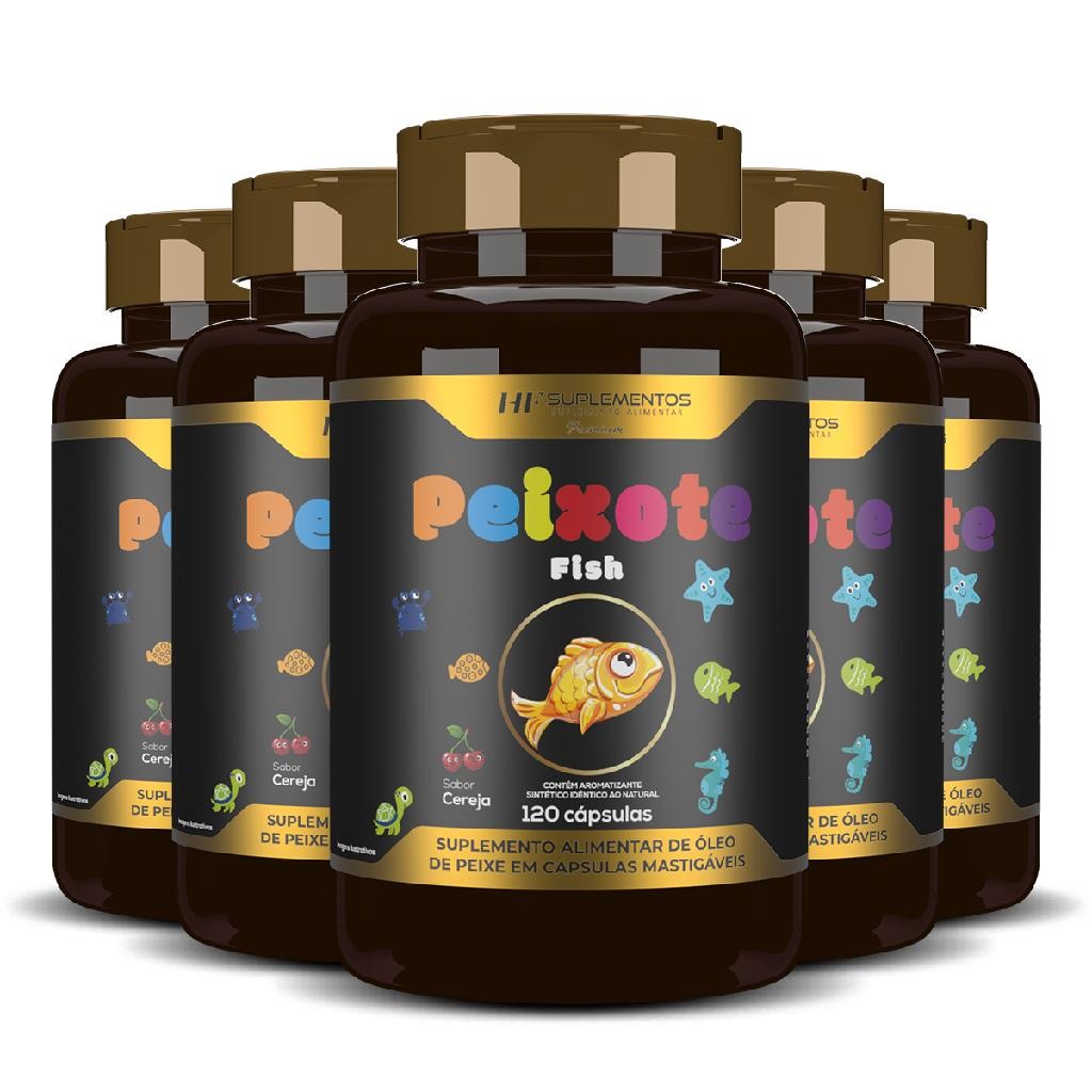 Kit 5 unidades Peixote Ômega 3 Kids Mastigável 120 cápsulas HF Suplementos – Desenvolvimento Cerebral e Saúde Infantil!