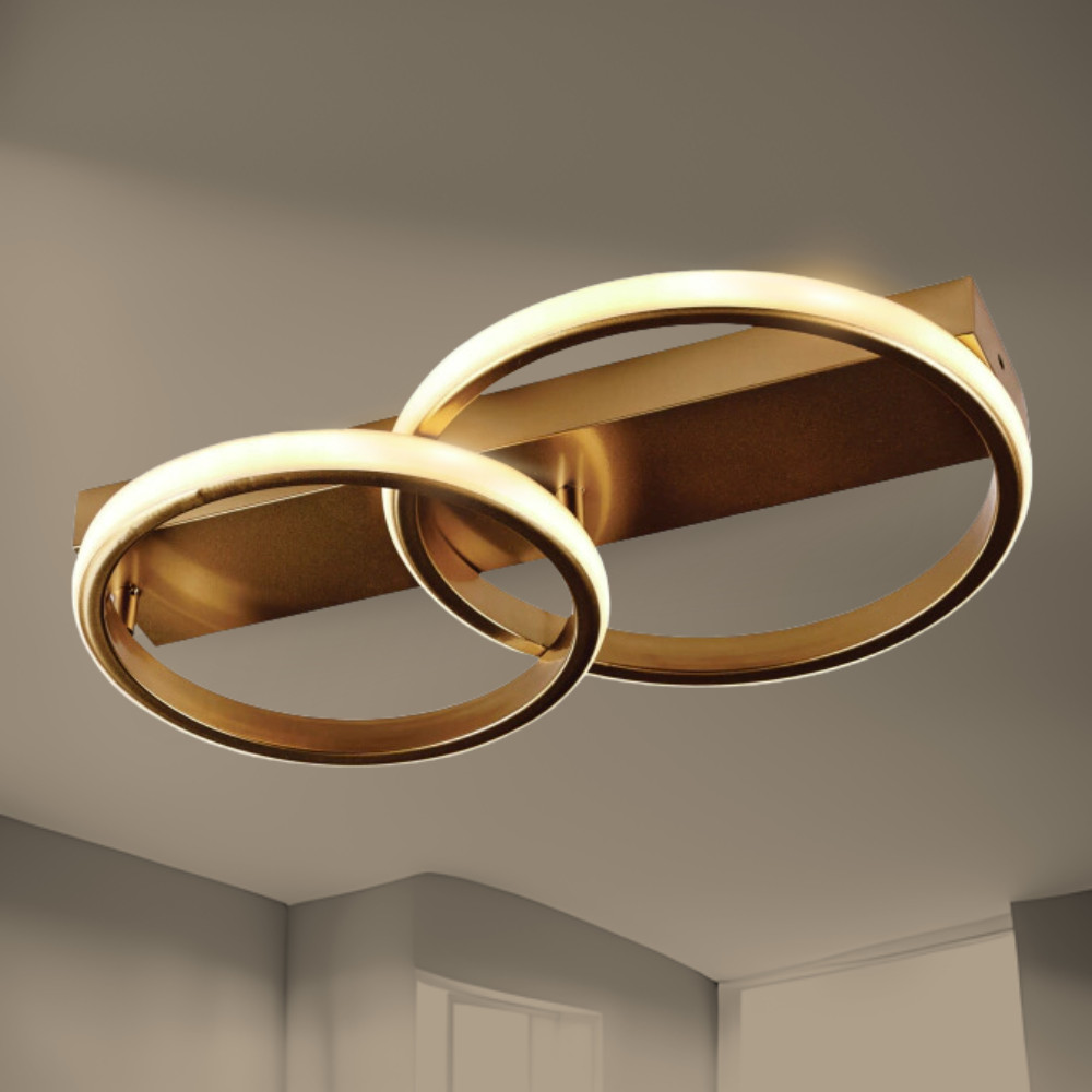 Luminária De Teto Plafon Lustre Led Pira Duplo Redondo Dourado Champanhe 22w 3000k Moderno