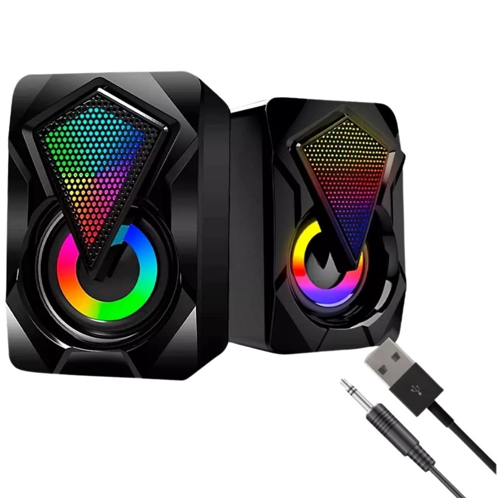 Caixinha de Som Gamer P/ Computador Notebook PC Console Smartphone LED RGB Luzes USB P2 Potente Resistente Caixa