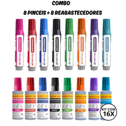 Kit Com 8 Marcadores de Quadro Branco + 8 Reabastecedores - COMPACTOR