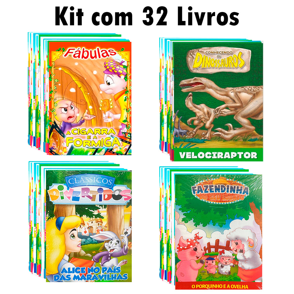 Kit c/ 32 livrinhos para crianças - Fábulas + Dinossauros + Clássicos + Fazendinha em Oferta na Shopee