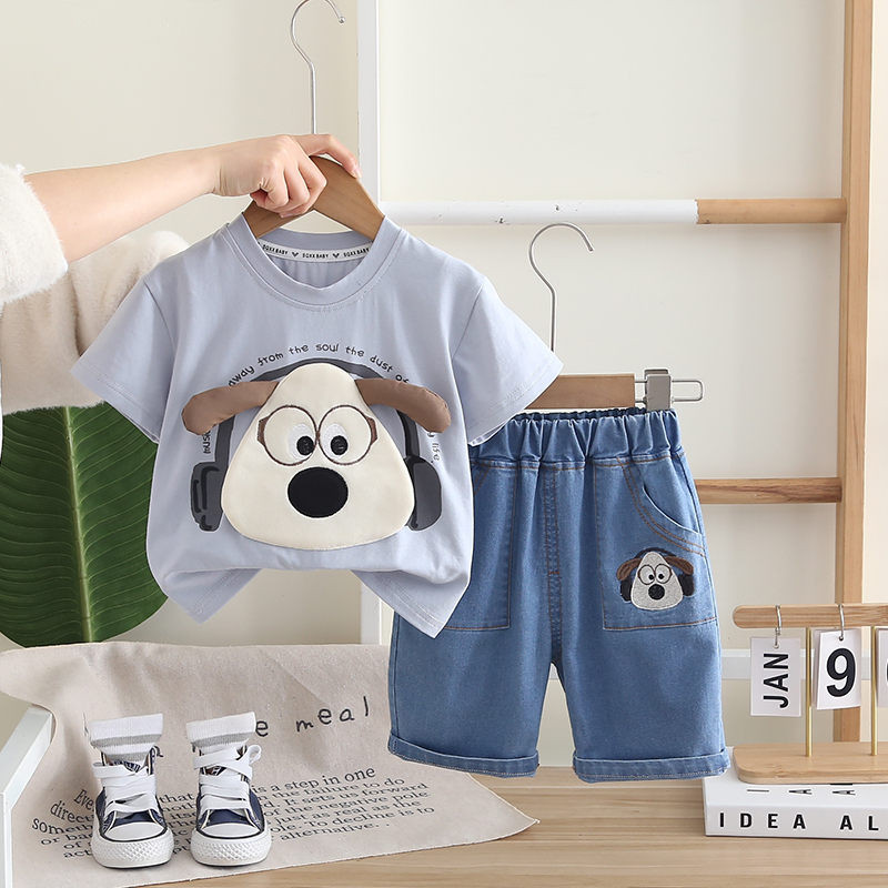 Bebê Meninos Meninas Roupas Para Fora Crianças Verão Algodão 3D Dos Desenhos Animados T Camisas Denim Shorts 2 Pçs/set R