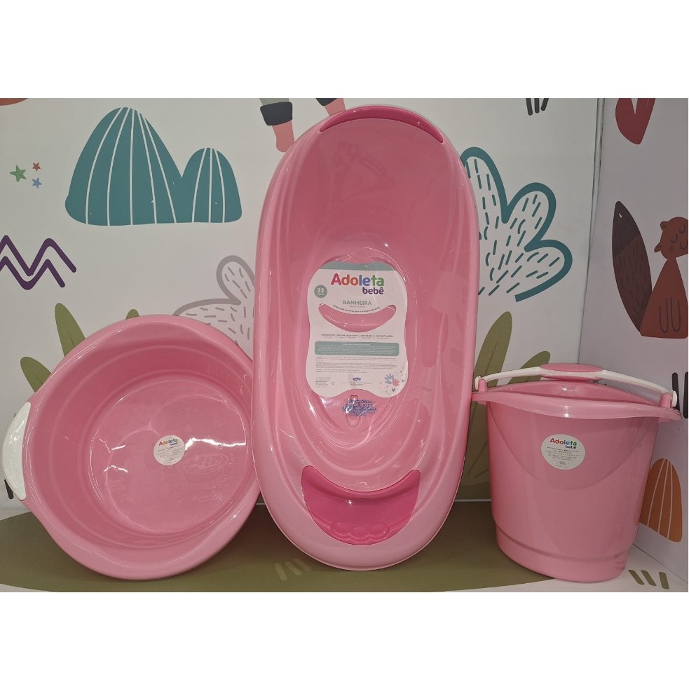 KIt Banheira De Bebê Adoleta Com Balde e Bacia Rosa em Oferta na Shopee