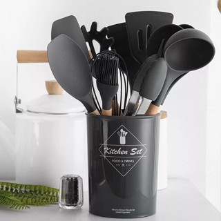 Jogo de Cozinha Kit C/12 Pçs de Silicone Utensílios Copo Suporte para Cozinha Cabo de Made...