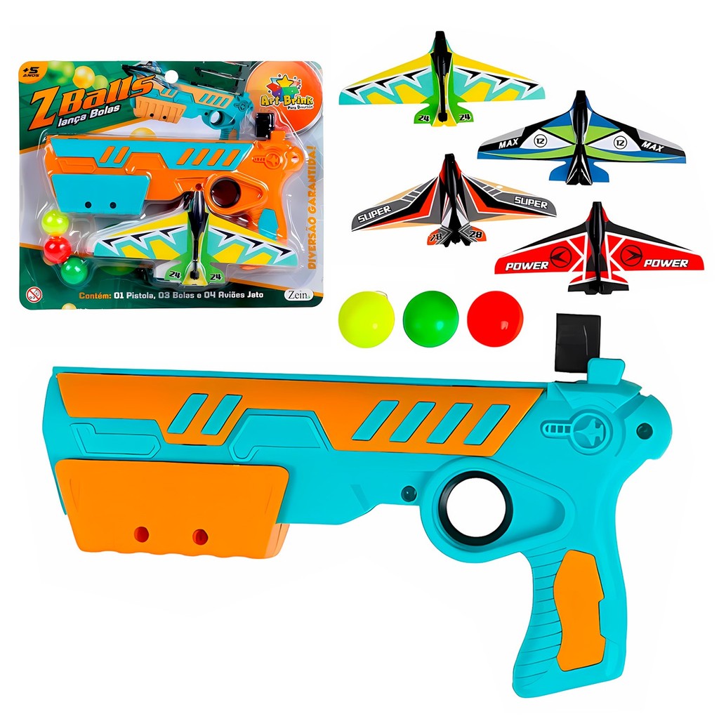 Lançador Avião Infantil 2 Em 1 Brinquedo Com Pistola Que Dispara Bolinhas E Jato - Art Brink