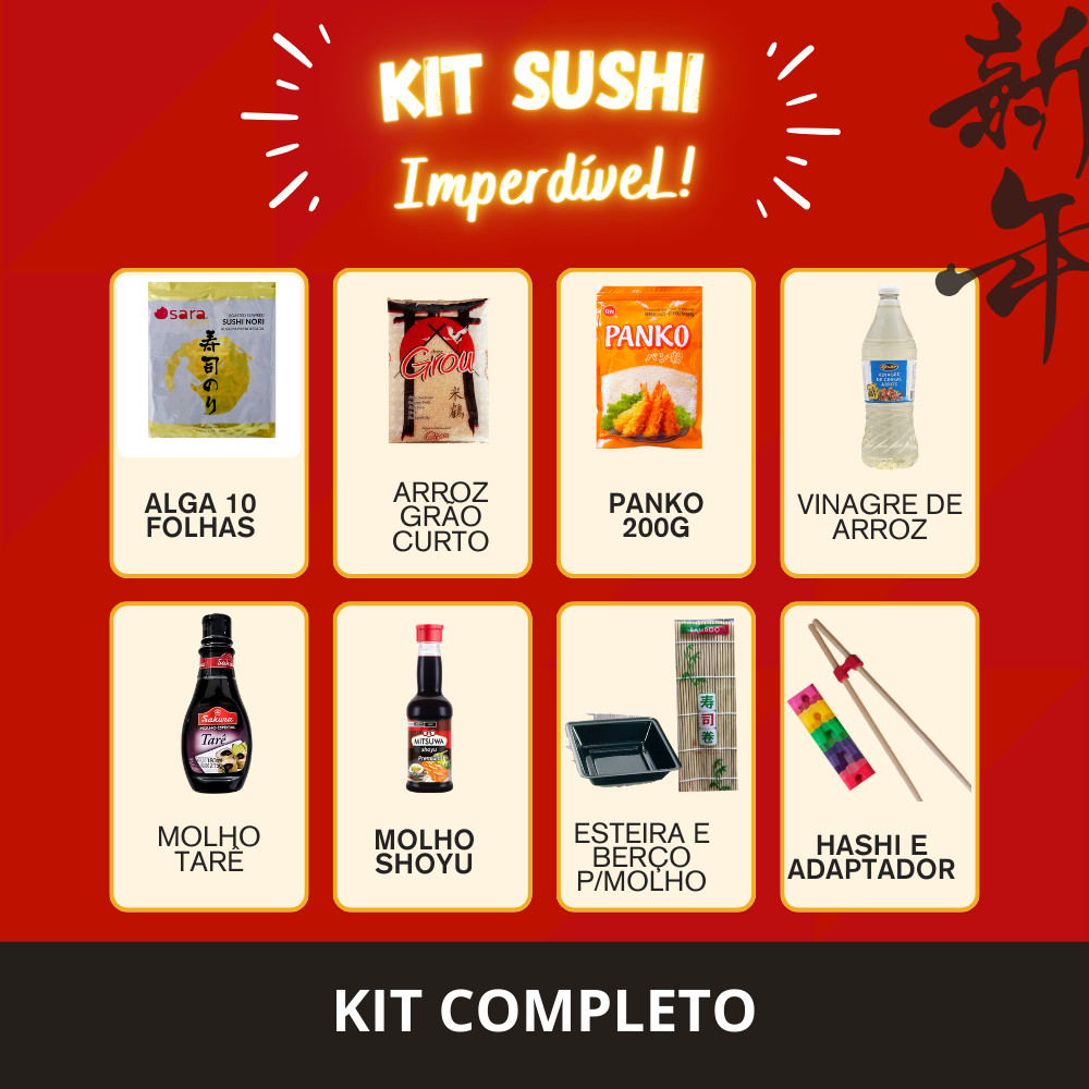 Kit Sushi Completo Alga Marinha Arroz Japonês Vinagre de Arroz Panko Shoyu Molho Tarê Esteira