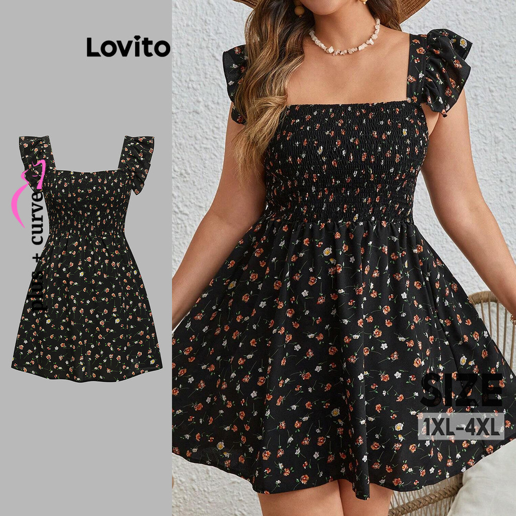 (Trendy) Lovito Vestido Curva Plus Size Elegante Ditsy Floral Estampado Vestido Smocked Para Mulheres LBL18614 em Oferta na Shopee