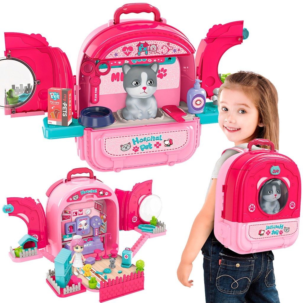 Mochila Hospital 2 Em 1 Pet Cat Gatinho Infantil Com Acessórios Dm Toys