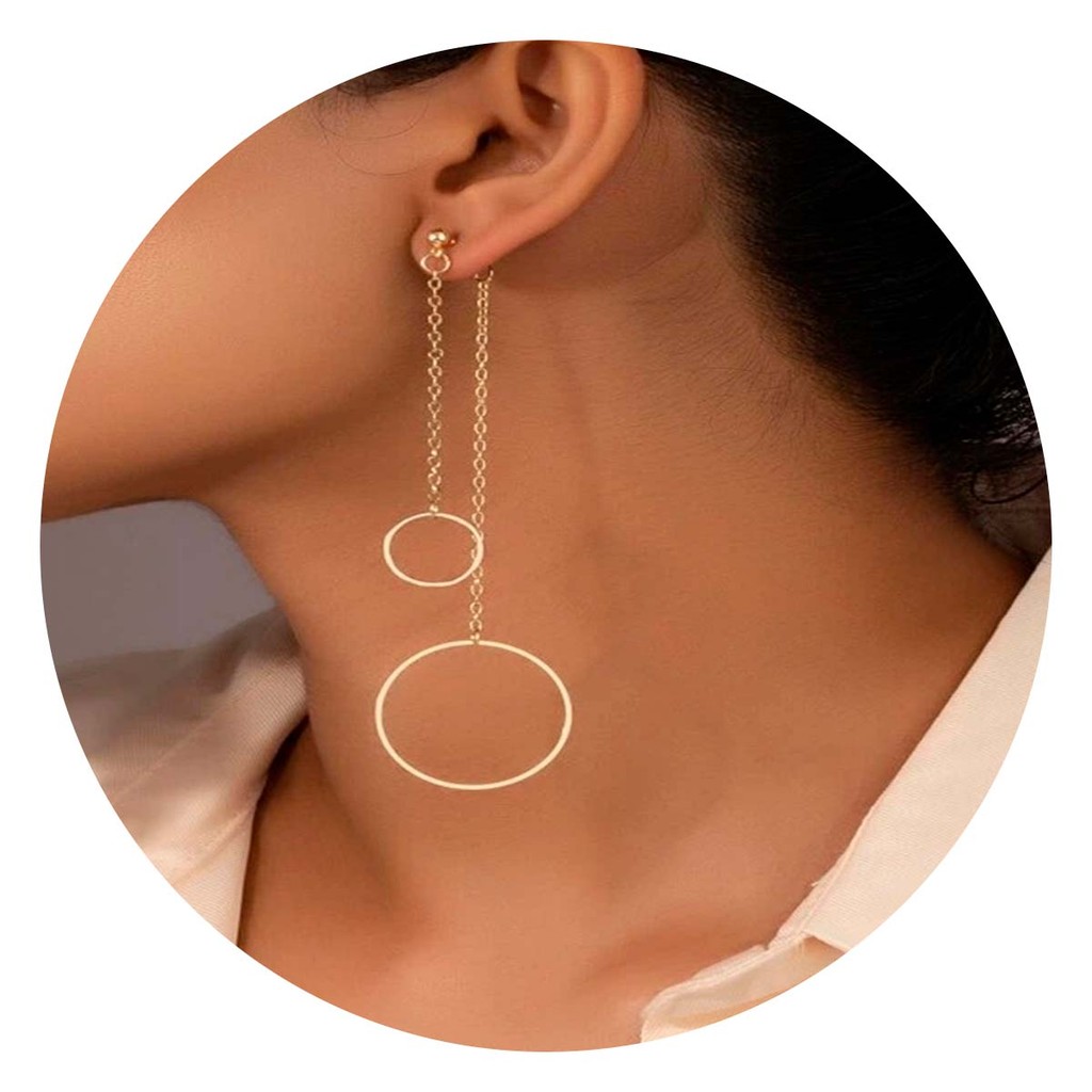 Brinco Longo Corrente Redondo Feminino Dourado Elegante em Oferta na Shopee