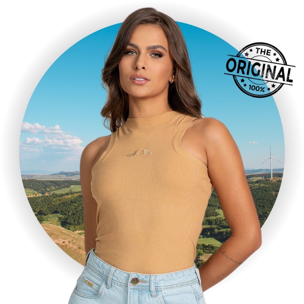 Camiseta Regata Stabulos Feminina Básica Marrom Claro Canelada Em Viscose Com Elastano E Bordado Tradicional Country
