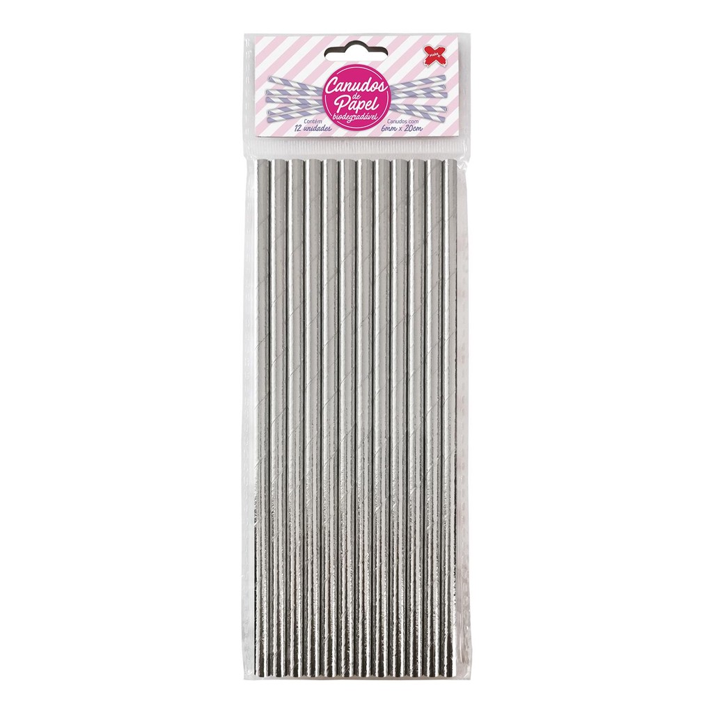 Canudo de Papel Metalizado Prata 6mmx200mm - 4365 - 12, 24, 36, 48 ou 60 unidades