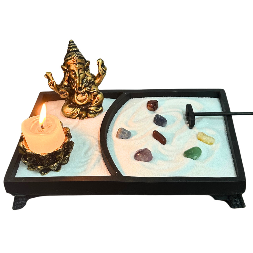 Imagem Jardim Zen Japones Retangular com Ganesha Ouro + Velas e Incensos 7 Chakras