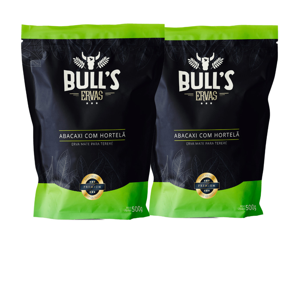 Kit 2 Ervas para Tereré Bull's 500g Sabor Abacaxi com Hortelã – Erva Mate Premium de Alto Padrão – FRETE GRÁTIS E RÁPIDO
