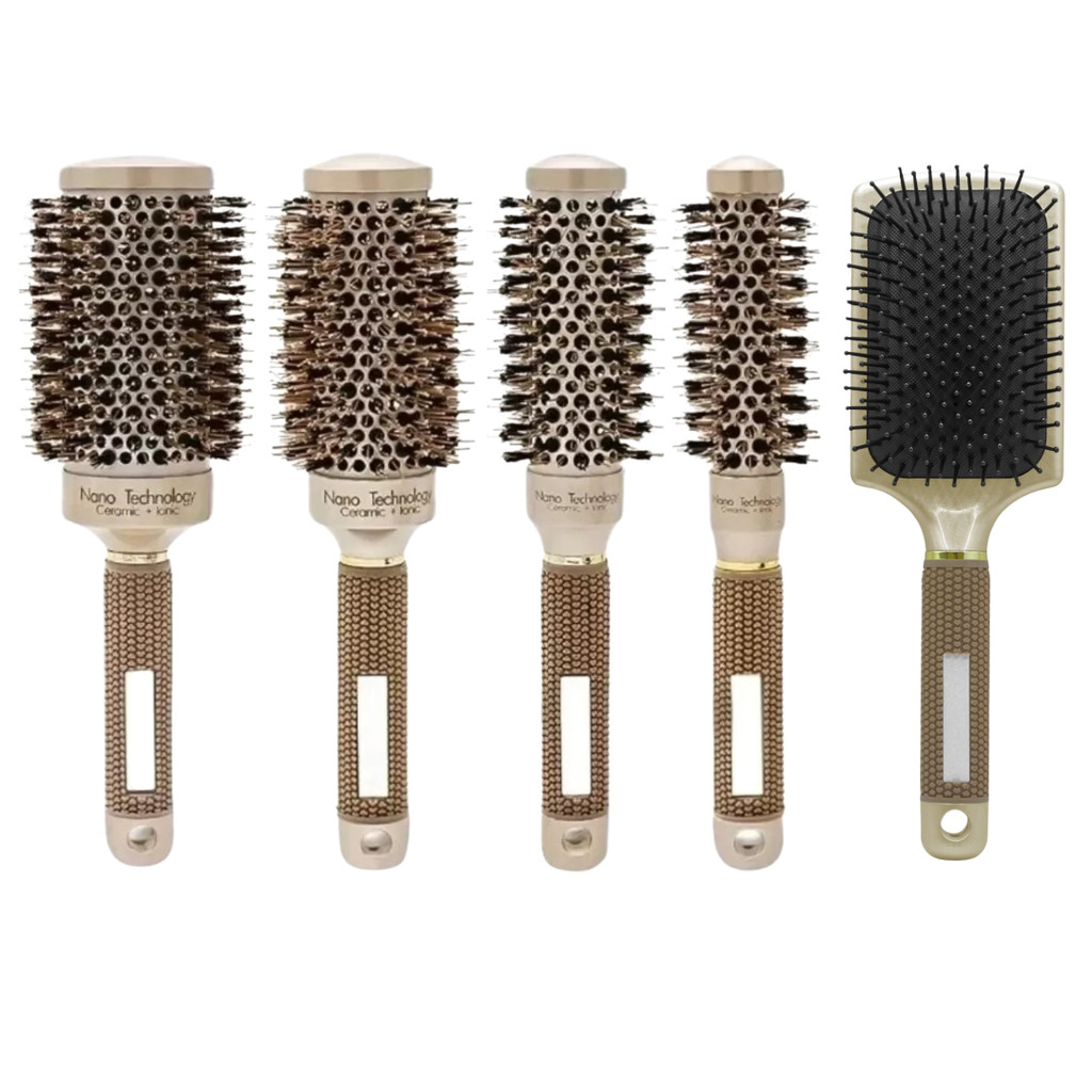 KIT 5 ESCOVAS TERMICA PROFISSIONAL VAZADA CERÂMICA CERDAS DE JAVALI E NYLON COM ESCOVA RAQUETE