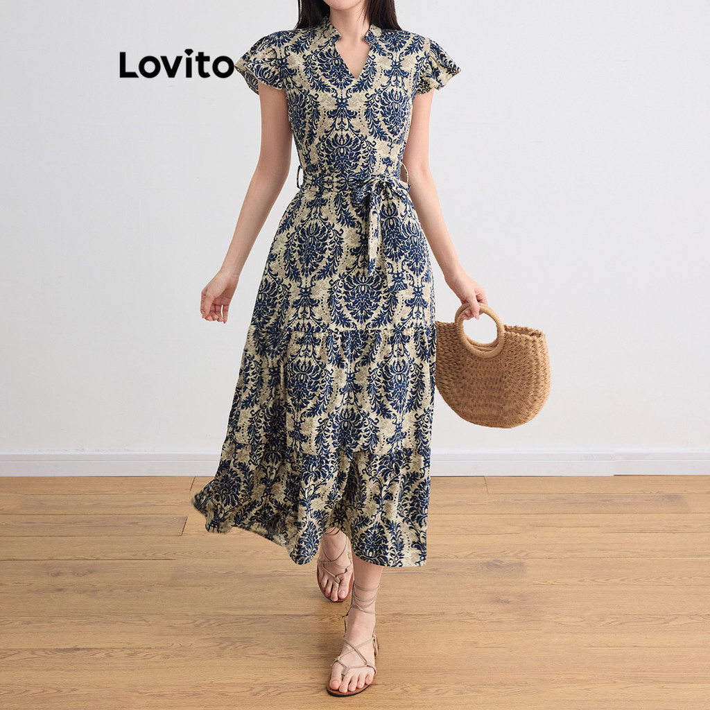 Lovito Vestido Casual Com Estampa Tribal E Babados Na Bainha, Vestido De Verão/primavera Para Mulheres L105MD093 em Oferta na Shopee