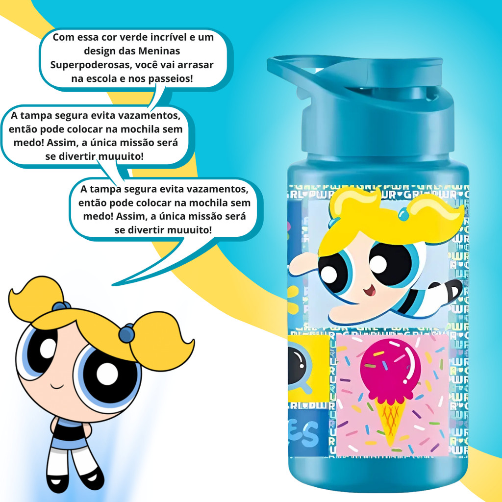 Garrafinha Água Superpoderosas Infantil Lindinha Meninas para Escola Lanche Criança volta as aulas