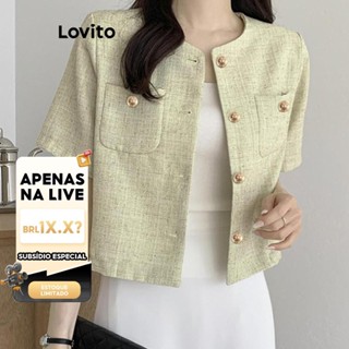 (LIVE STREAM SALE) Lovito Blusa feminina casual com bolso liso e botão de metal LNE62083 em Oferta na Shopee