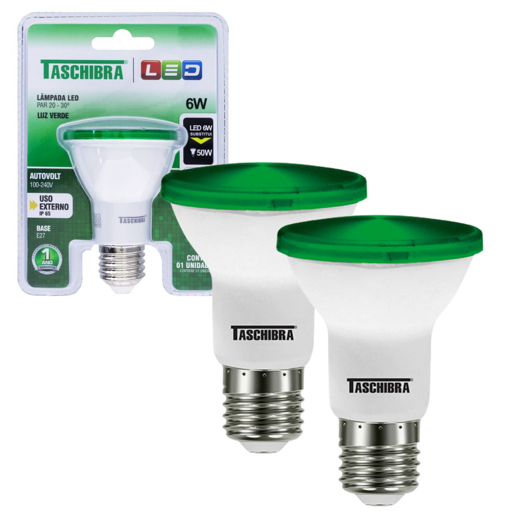 Kit 2 Lâmpada Led Par 20 Luz Verde Prova D'água Jardim Área Externa 6w Ip65 Taschibra